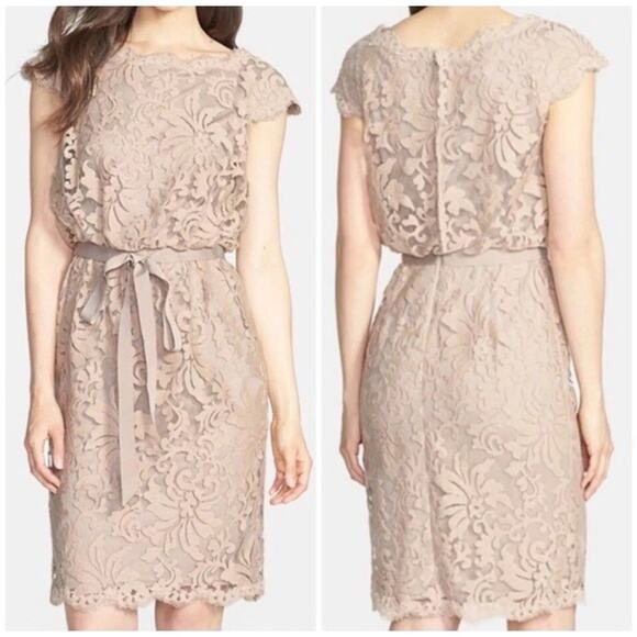 Tadashi Shoji Greta Lace Cocktail Dress in Sand Beige Size 8 - Picture 1 of 9